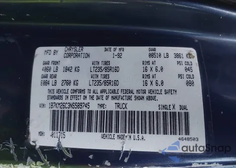 1992 Dodge W-Series W200/W250 z USA, uszkodzony, nr VIN 1B7KM26C3NS589745